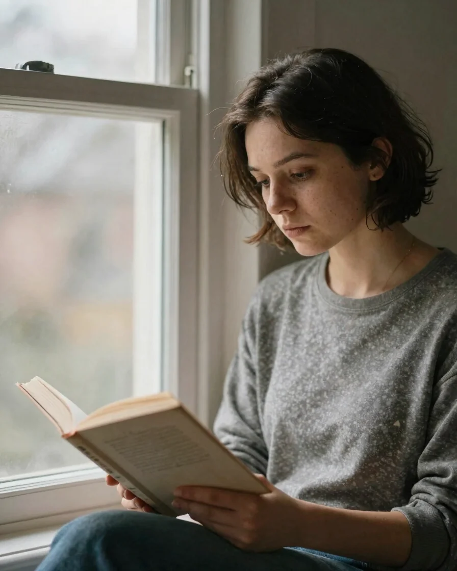 Intimate documentary portrait of a reader with an open book beside a window, soft overcast daylight, ink-and-paper neutr